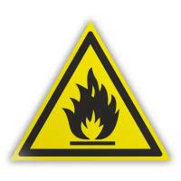 Знак на пленке W01 «Пожароопасно! легковоспламеняющиеся вещества» (самоклеящаяся наклейка, сторона 100 мм)