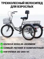 Трехколесный велосипед для взрослых, с 2 корзинами, цвет серебристый