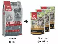 Корм сухой BLITZ Classic Chicken Adult Cats 2 кг (курица) + Корм влажный Blitz Sensitive Adult Cat 12 шт (индейка с печенью), для взрослых кошек всех пород