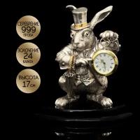 Белый кролик Часы, серебрение, позолота 24 карата, инкрустация гранатом, ручная работа