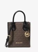 Сумка Michael Kors коричневая в монограмму мини кросс-боди с черными ручками и плечевым ремнем