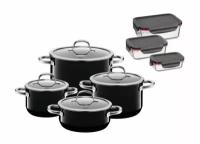 Набор посуды для приготовления Silit Passion Black, 8 предметов + Набор из 3 стеклянных контейнеров Storio