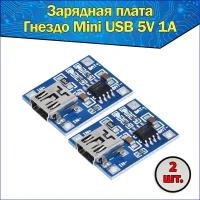 Модуль заряда Li-ion аккумуляторов TP4056, гнездо Mini USB 5В 1А 2 шт, Интеграционная Плата Контроллер зарядки Литиевых Батарей 5V 1A