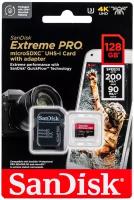 Карта памяти SanDisk Extreme PRO microSDXC 128 ГБ Class 10 UHS-I U3, V30, A2 (R/W 200/90 Mb/s) + SD адаптер