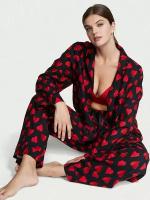 Пижама Victoria's Secret S черная с красными сердцами из фланели, рубашка, штаны и резинка д/волос Flannel Long PJ Set