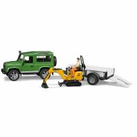 Внедорожник BRUDER Land Rover Defender c прицепом-платформой, гусеничным мини экскаватором 8010 CTS