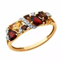 Золотое кольцо DIAMANT-ONLINE 302489 с фианитом, гранатом и раухтопазом, Золото 585°, размер 17,5