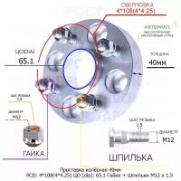 Проставка для дисков 40мм: 4*108(4*4.25) ЦО (dia): 65.1мм / с бортиком / крепёж в комплекте Гайки + Шпильки M12 * 1.5 применяемость: Tata 4х108 4x108