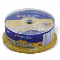 Диски DVD+RW (плюс) VERBATIM 4,7 Gb 4x, комплект 25 шт., Cake Box, 43489