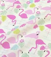 Ткань для шитья (1 м), Саржа Розовые фламинго на белом 1.40 м, хлопок-100%, 135 гр/м.кв