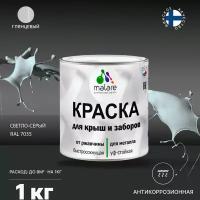 Краска Malare для металлического забора, для крыши из металла, для металлочерепицы, антикоррозионная, быстросохнущая, глянцевый, светло-серый, 1 кг