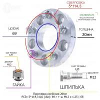 Проставка колёсная 1 шт 20мм 5*114,3 ЦО 69 Крепёж в комплекте Гайка + Шпилька М12*1,25 ступичная без бортика для дисков 1 шт на ступицу 5x114,3