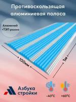 Противоскользящая алюминиевая полоса накладка на ступени с тремя вставками 100мм*1м голубой