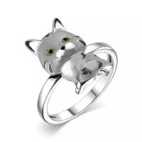 Детское серебряное кольцо кошка породы Шотландец с эмалью родированное 14.5 размера