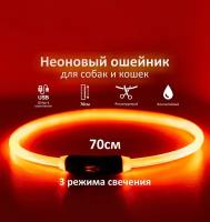 Светящийся ошейник для собак для прогулки в темное время суток / Оранжевый 70 см / Светодиодный LED ошейник для собак