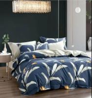 2 спальное постельное белье премиум сатин двустороннее синее с листьями