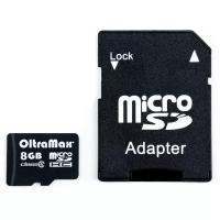 Карта памяти OltraMax MicroSD, 8 Гб, SDHC, класс 4, с адаптером SD