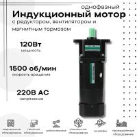 Мотор индукционный 120Вт с магнитным тормозом и редуктором, однофазный