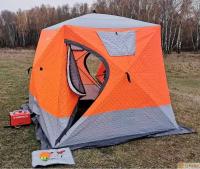 Утепленная зимняя палатка для рыбалки Terbo-Mir Куб 1, трехслойная, размеры 2,4 х 2,4 х 2,2 м, оранжевая