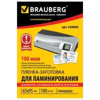 Пленки-заготовки для ламинирования BRAUBERG, комплект 100 шт., 65х95 мм, 100 мкм