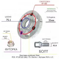 Проставка для дисков 1 шт 35мм: 4*130 ЦО (dia): 75.1мм / с бортиком / крепёж в комплекте Болты + Футорки M14 * 1.5 применяемость: Lancia 4х130 4x130