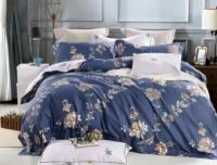 Семейное постельное белье премиум сатин двустороннее синее с листьями