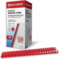 Пружины пластиковые для переплета BRAUBERG, комплект 100 шт., 16 мм (для сшивания 101-120 л.), красные