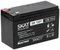 SKAT SB 1207, 12V, 7Ah, maximum charge current 2.1 A. Terminal type - F1 knife. Case size - 66x151x100. Weight - 2.1 kg. Service life - 6 years. Warranty - 18 months
