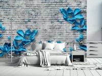 Фотообои 3д синие цветы на фоне кирпичей 275x440 (ВхШ), бесшовные, флизелиновые, MasterFresok арт 10-484