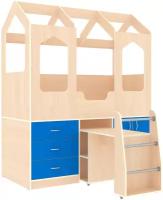 Кровать чердак Домик-Сказка с выдвижным столом ДС-14 Дуб Молочный Светло Синий/Голубой
