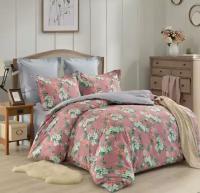 Семейное постельное белье сатин двустороннее розовое с цветами