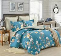 Семейное постельное белье сатин двустороннее голубое с цветами