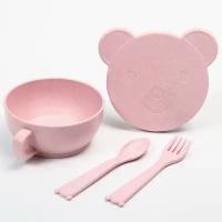 Детские наборы посуды Little Angel Набор детской ЭКО посуды: Миска с крышкой, ложка и вилка, цвет розовый