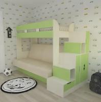 Двухъярусная кровать с диваном Ева бодега светлый/зеленый/бежевый