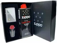 Подарочный набор ZIPPO ( Зажигалка ZIPPO 205 Zippo Flame, серебристая, с покрытием Satin Chrome + кремни + топливо, 125 мл )