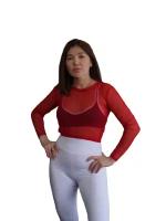 Малиново-красный кроп-топ из мягкой стрейтч-сетки Body Fit, малиново-красный топ спортивный женский для фитнеса с длинными рукавами