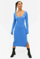Трикотажное платье миди с длинными рукавами - голубой - XL
