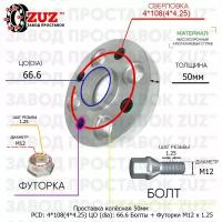 Проставка для дисков 1 шт 50мм: 4*108(4*4.25) ЦО (dia): 66.6мм / с бортиком / крепёж в комплекте Болты + Футорки M12 * 1.25 применяемость: Dongfeng