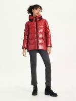 Куртка DKNY S красная блестящая теплая ниже бедра с капюшоном на молнии Glossy Mid Length Puffer With Envelope Pockets