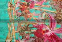 Ткань Шёлковый шифон PRADA, бамбук и лилии на бирюзе, ш134см, 0,5 м