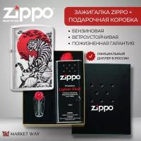 Подарочный набор ZIPPO ( Зажигалка ZIPPO 29889 Asian Tiger Design, серебристая, с покрытием Brushed Chrome + кремни + топливо, 125 мл )