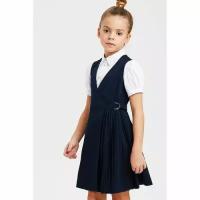Сарафан школьный, с запахом и плиссерованной вставкой на юбке, синий, Silver Spoon, SSFSG-029-23703, школьная форма, детское платье для девочки, размер 140 глубокий синий
