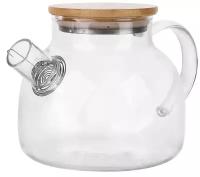 Чайник заварочный стеклянный Bekker / Беккер ВК-7695 прозрачный с бамбуковой крышкой 1л / заварник / посуда для чая