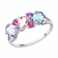 Серебряное кольцо DIAMANT-ONLINE 287090 с топазом, фианитом, аметистом и рубиновым корундом, Серебро 925°, размер 18