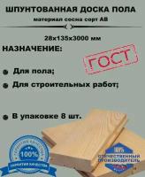 Пиломатериал из древесины хвойных пород(сосна) доска пола(шпунт) 28х135х3000 (комплект 8 шт)