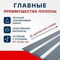 Противоскользящий алюминиевый угол-порог, накладка на ступени с тремя вставками 98мм, 2м, серый