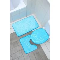 Доляна Набор ковриков для ванной и туалета Доляна «Дельфины», 3 шт, 39×43, 40×50, 50×80 см, цвет микс