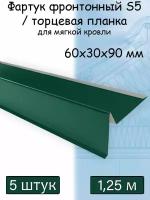 Планка торцевая для мягкой кровли 1,25 м (60х30х90 мм) 5 штук (RAL 6005 ) фартук S5 фронтонный для гибкой черепицы