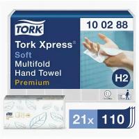 Полотенца бумажные 110 штук, TORK (Система H2) Premium, комплект 21 штука, 2-слойные, белые, 21х34, Interfold, 100288