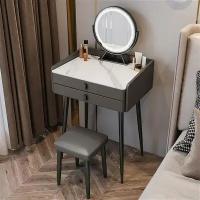 Небольшой туалетный столик 60 см из цельного дерева с керамической столешницей, зеркалом и табуретом (тёмно-серый столик + умное зеркало + табурет)